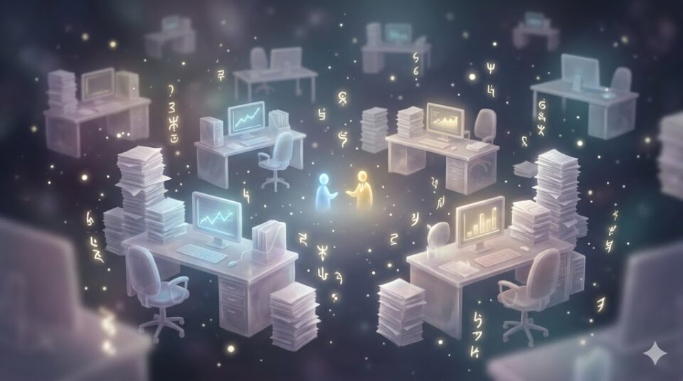 夢占い 上司と話す夢 象徴 場所・シチュエーション 宙に浮く机や椅子、書類の群れと2人の会話