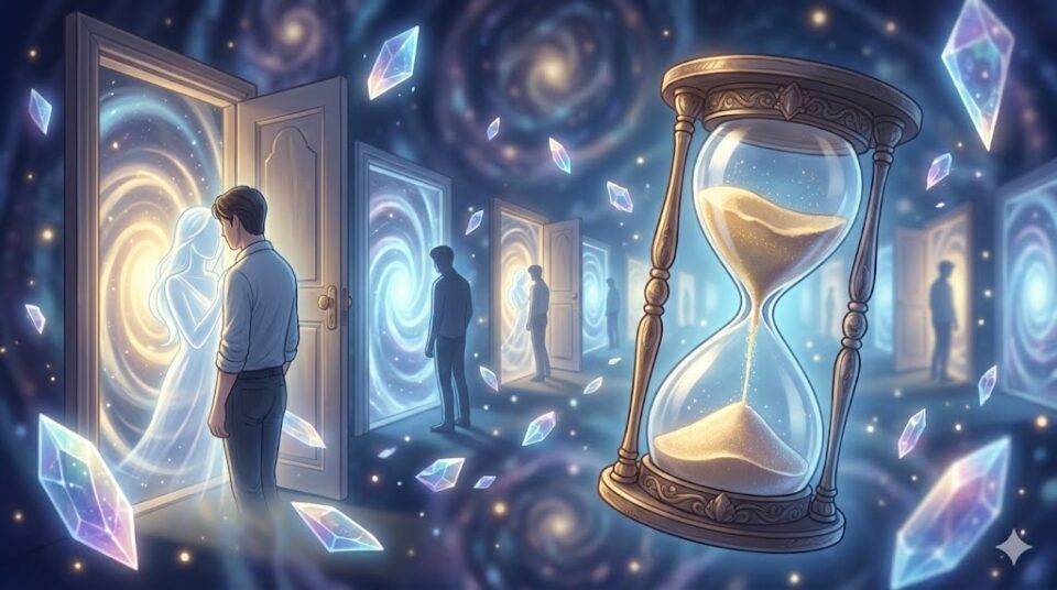 彼氏が浮気する夢を何度も見る背景をテーマにした、幻想的な挿絵。夢の回廊に無限に続くドアや階段