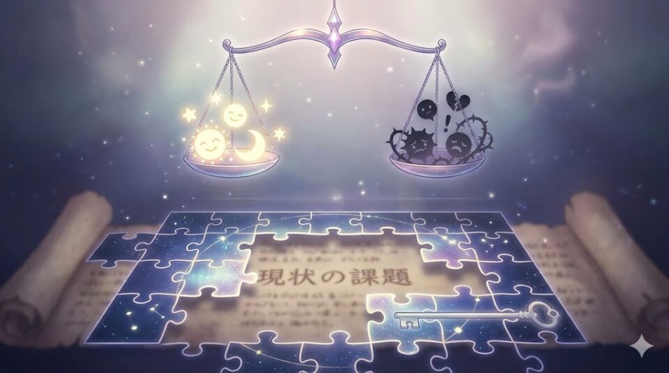 夢占い 結婚 幸せ 怖い 現状の課題 天秤と現状の課題が書かれたパズルが織りなす幻想的な概念図
