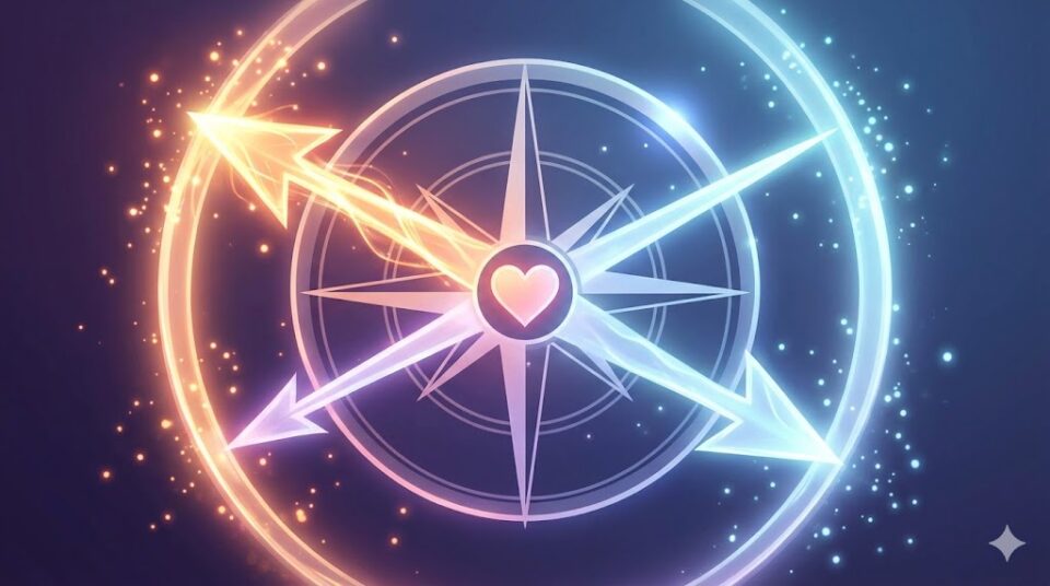 彼氏にキスするかされるかの方向性を伝える、光の矢印とコンパスが交差する抽象的なイラスト