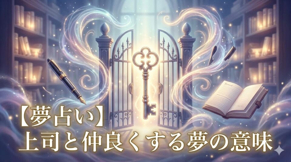 夢占い】上司と仲良くする夢。輝く鍵と扉、幻想的なオフィスが描かれたアイキャッチ画像。