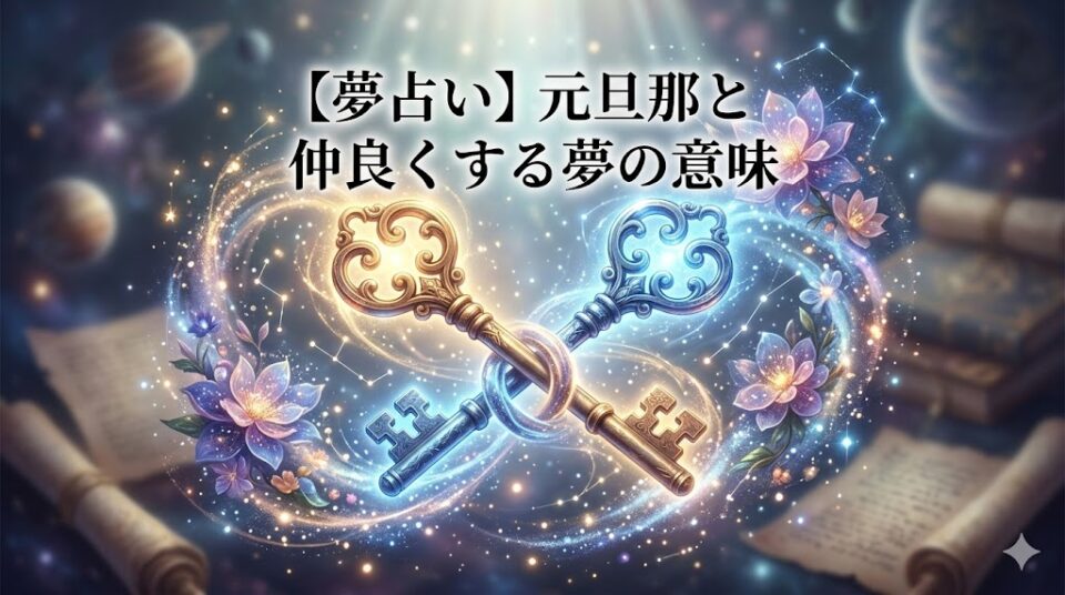 夢占い 元旦那 仲良くする 和解 溶け合う光と花に包まれた二つの鍵の幻想的なイラスト