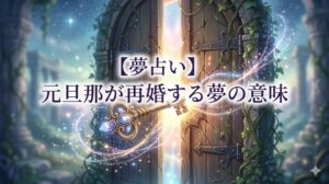【夢占い】元旦那が再婚する夢の意味。神秘的な光に包まれた古びた鍵と、開かれようとする新しい扉の幻想的なイラスト。