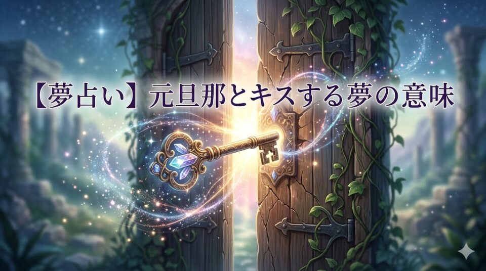 【夢占い】元旦那とキスする夢の意味。神秘的な光に包まれた古びた鍵と、開かれようとする新しい扉の幻想的なイラスト。