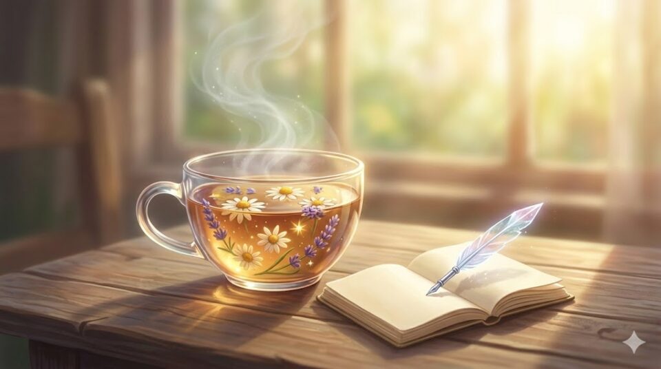 夢占い 好きな人に振られる夢 不安な朝の過ごし方を象徴する、癒やしのハーブが浮かぶティーカップ